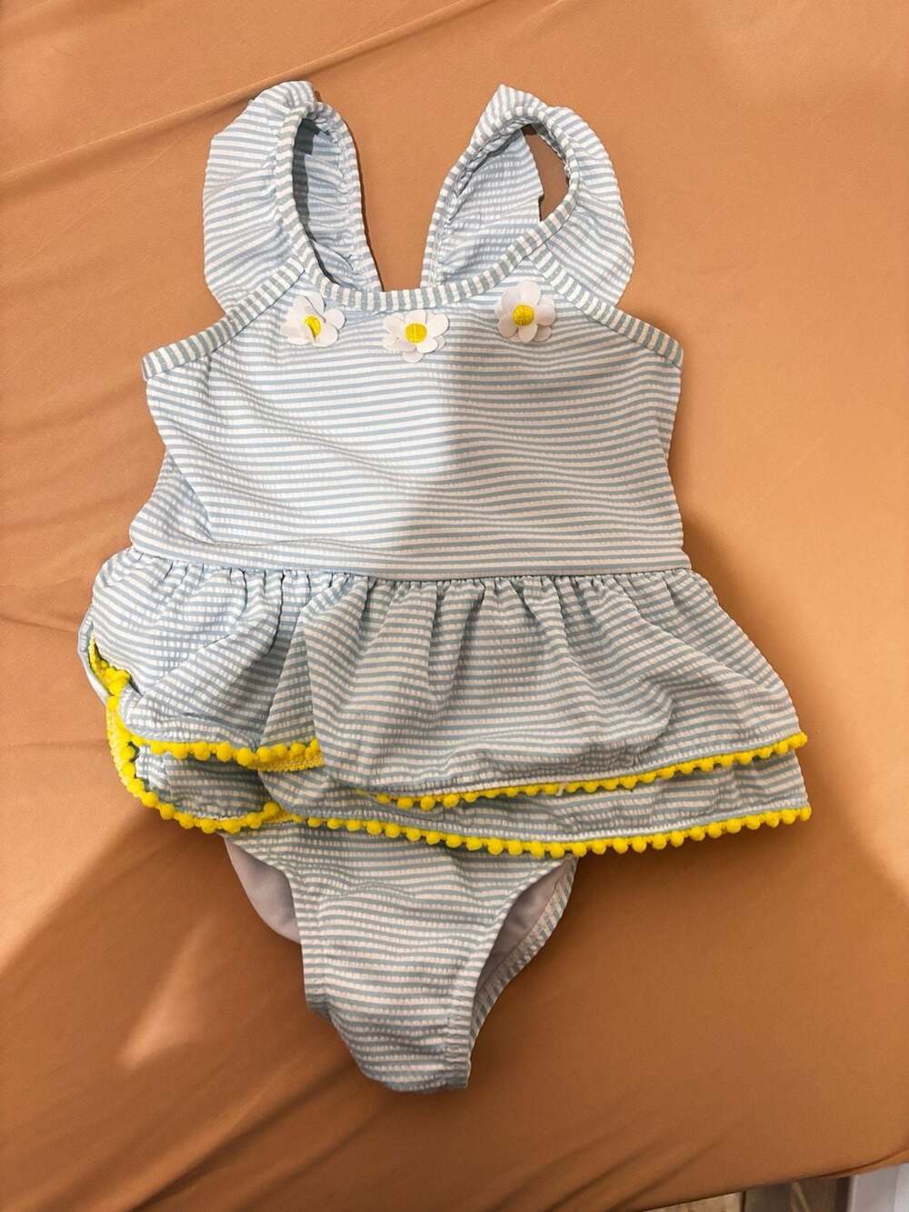 Wet Suit Club Swimsuit Size 4T Blue Striped Pom Pom Flower Ruffled